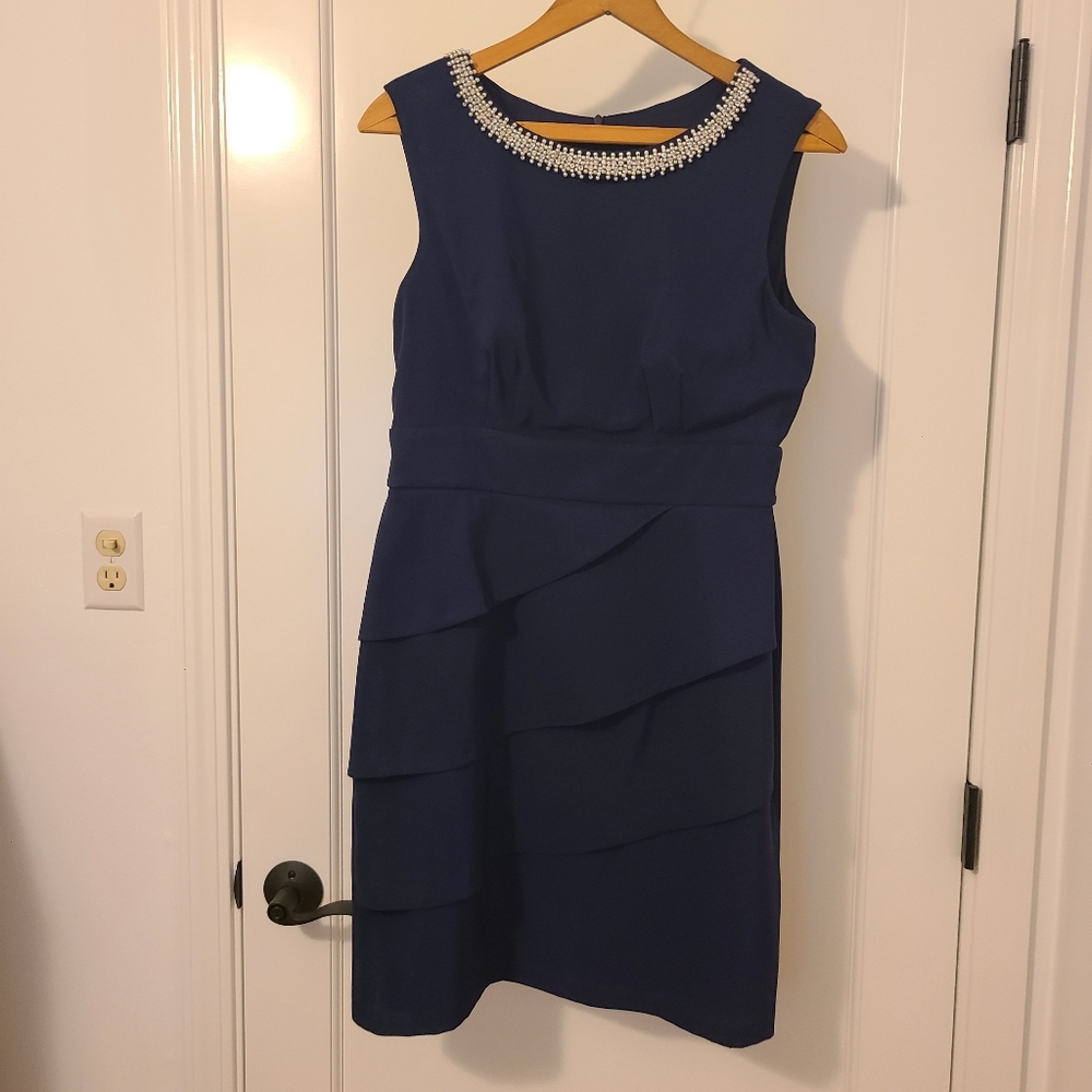 Connected Apparel Navy Dress with pearls and sequins at neckline Size 10